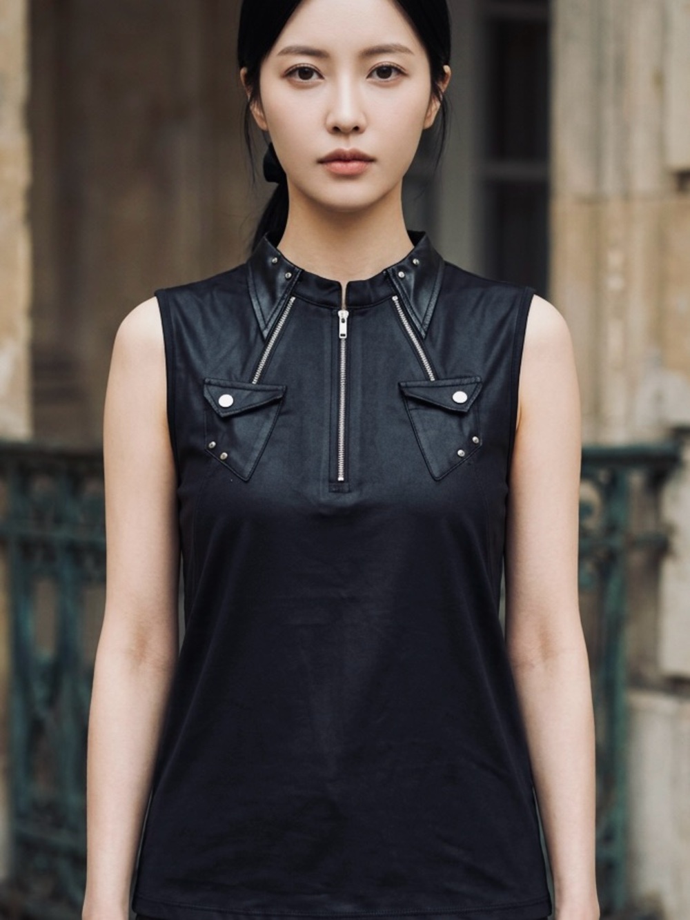 jamie sadock Black Sleeveless Top Zipper Stud Goth Grunge Bikercore Tank-L